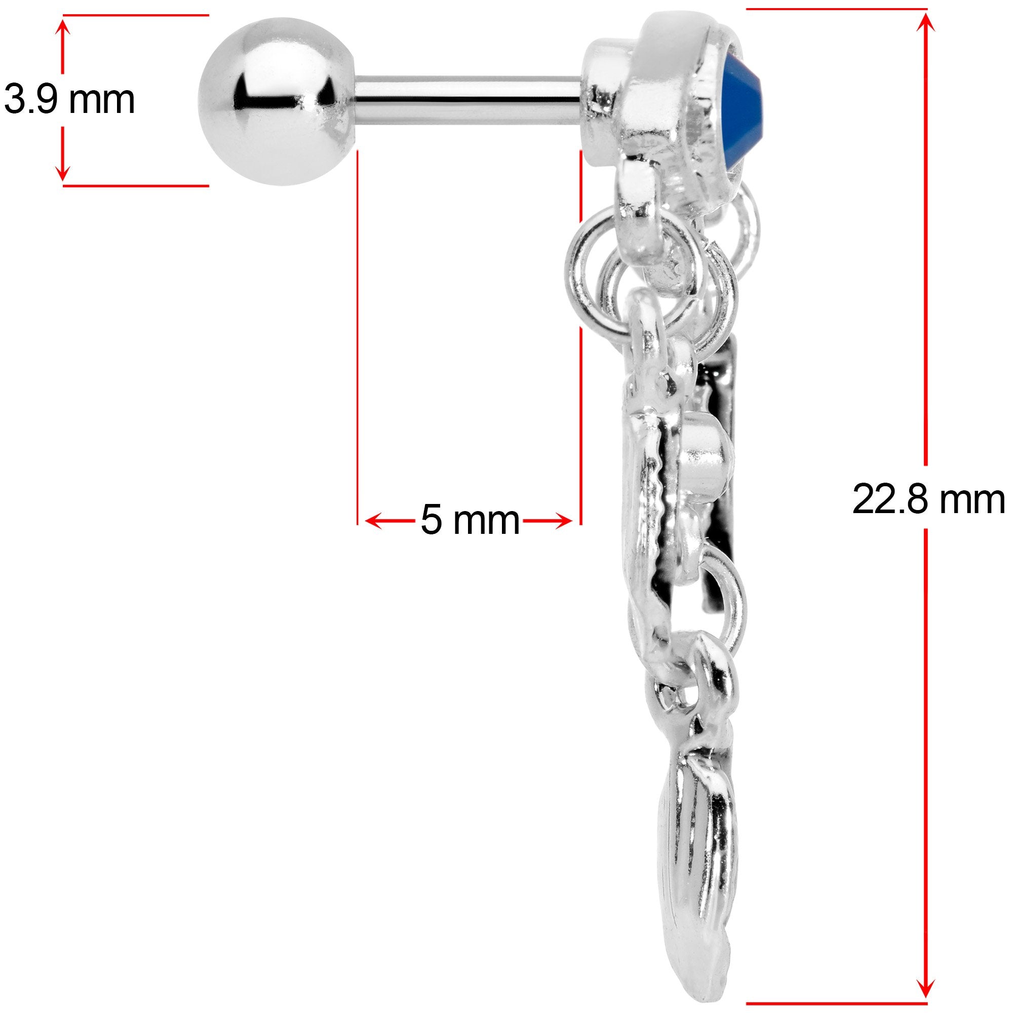 16G 1/4 Blue Gem Eye Feather Dangle Cartilage Tragus Earring