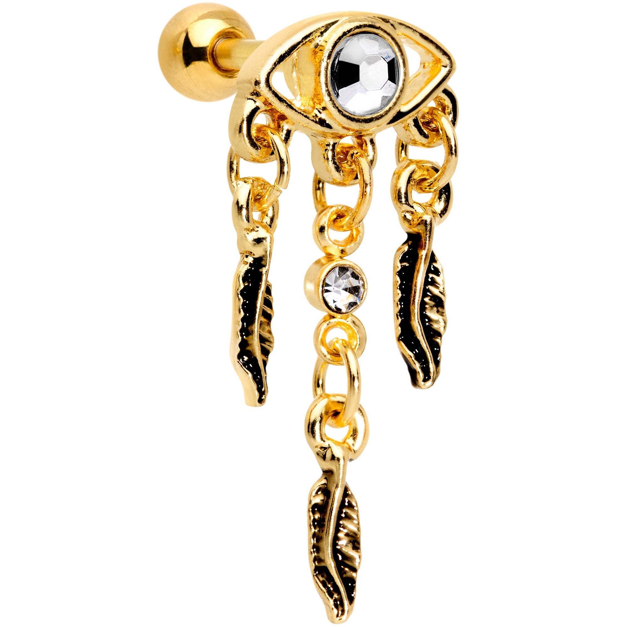 16G 1/4 Clear Gem Gold Tone Eye Feather Cartilage Tragus Earring