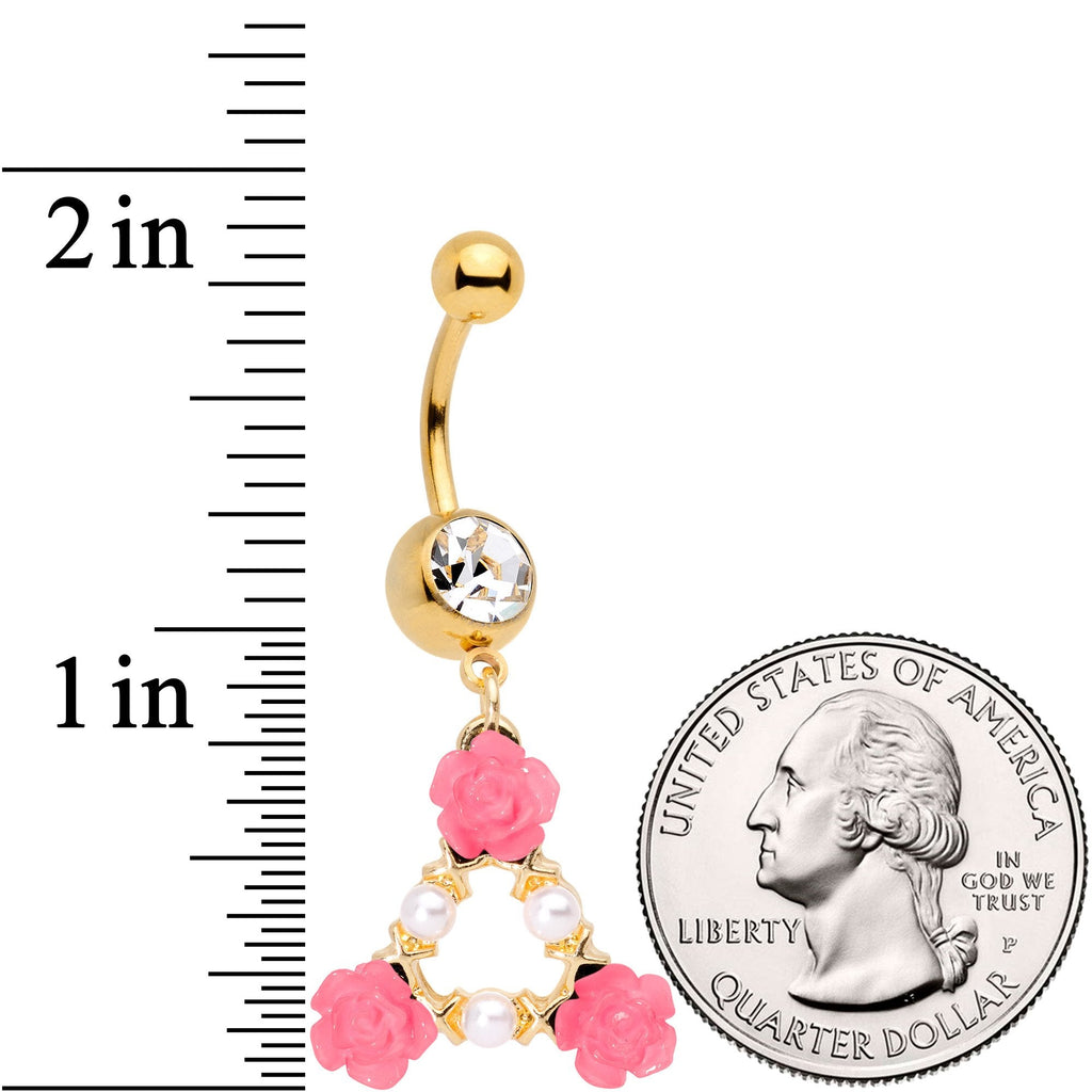 Gold Tone Pink Triple Flower Triangle Dangle Belly Ring