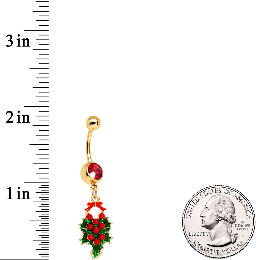 Red Gem Gold Tone Holiday Holly Wreath Dangle Belly Ring