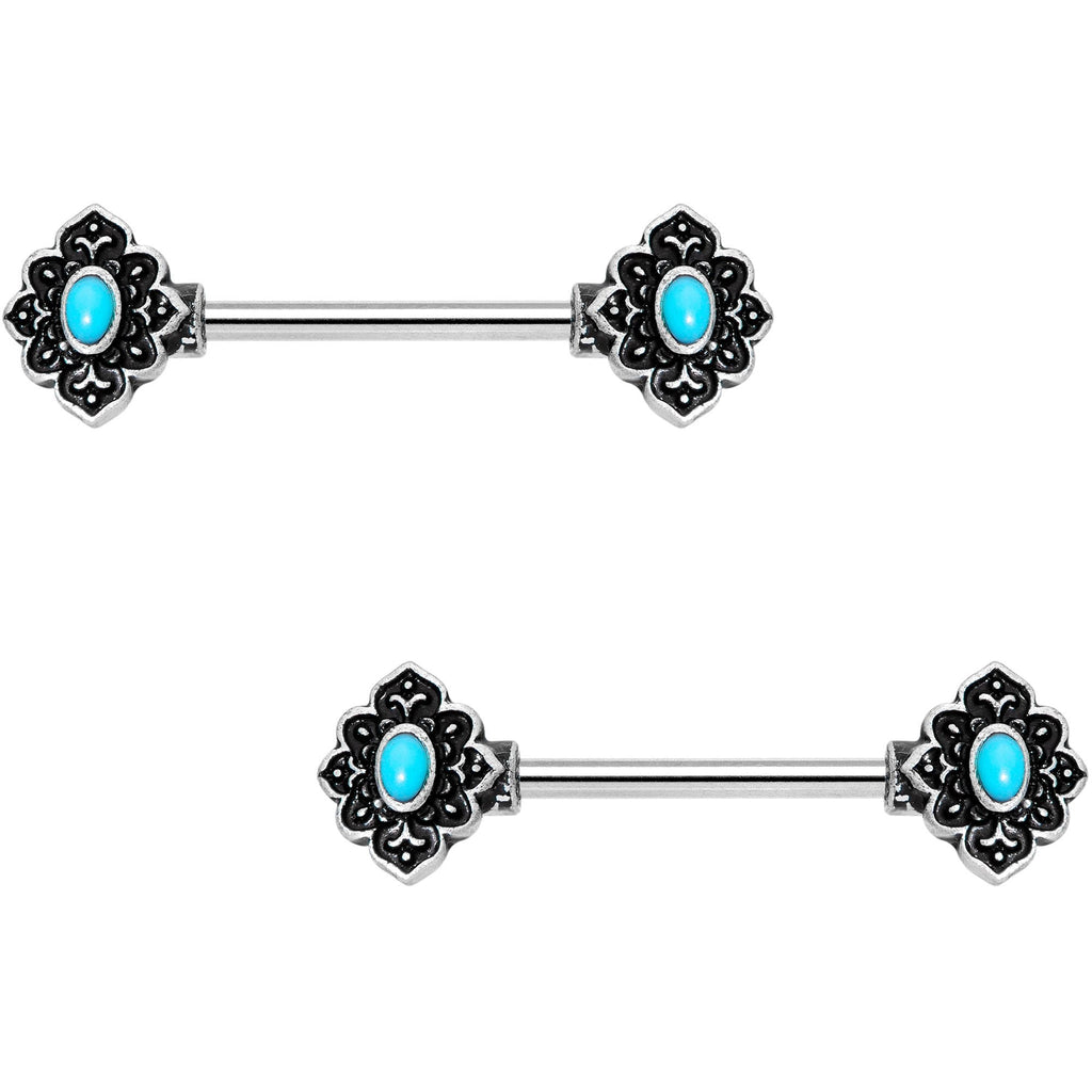 14G 9/16 Faux Turquoise Baroque Oval Barbell Nipple Ring Set