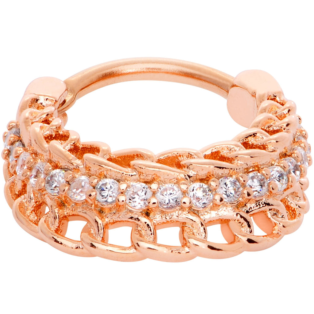 16G 3/8 Clear CZ Gem Rose Gold Tone Chain Hinged Septum Ring
