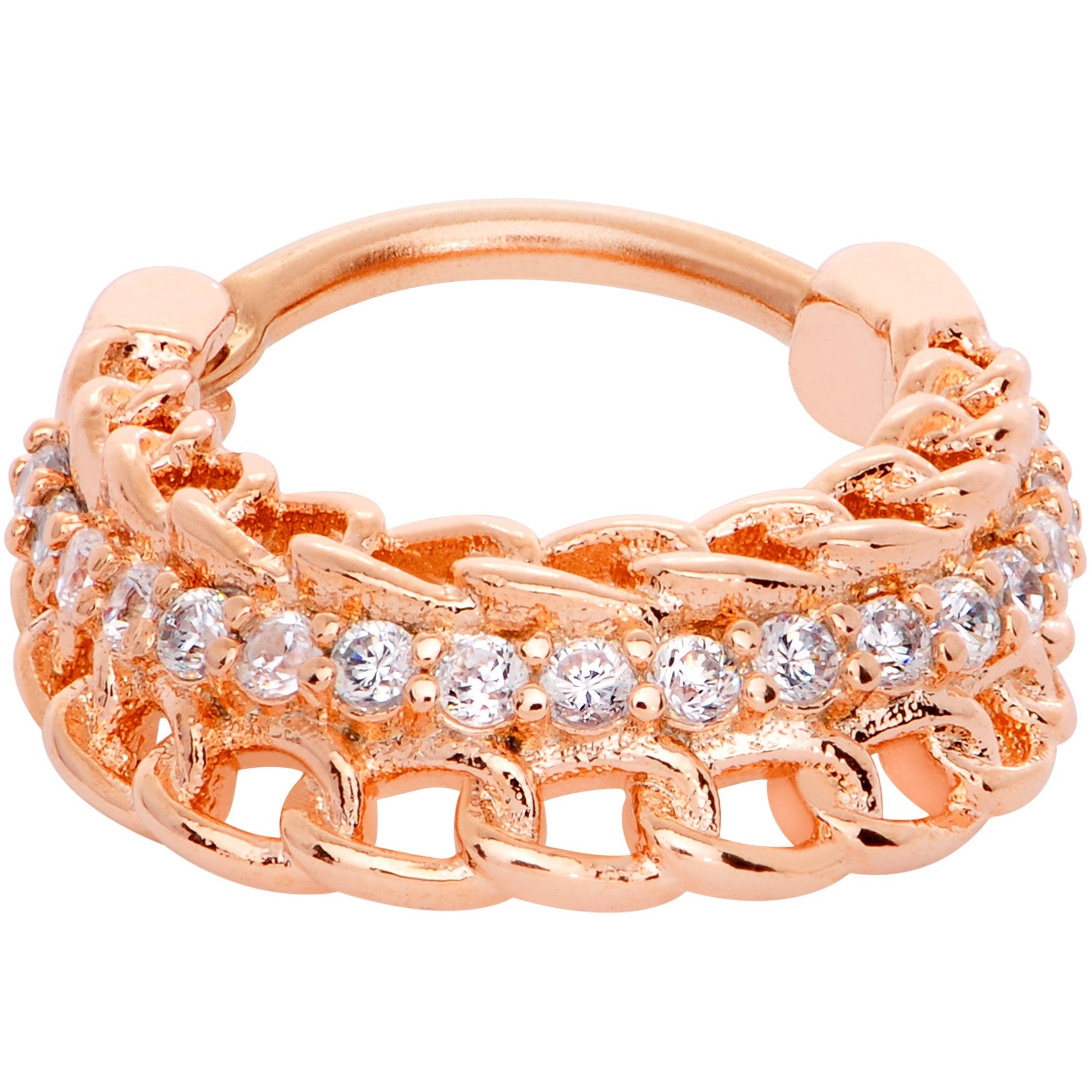 16G 3/8 Clear CZ Gem Rose Gold Tone Chain Hinged Septum Ring
