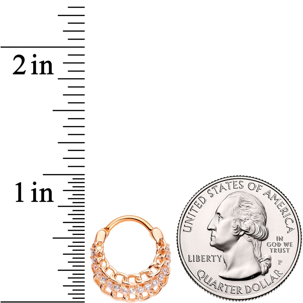 16G 3/8 Clear CZ Gem Rose Gold Tone Chain Hinged Septum Ring