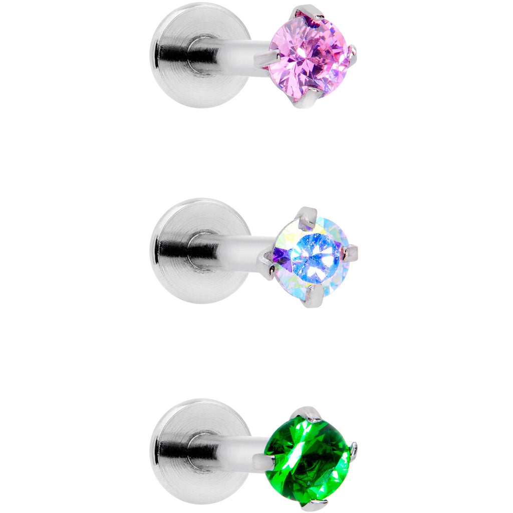 16G 3/8 Pink Aurora Green Round CZ Gem Labret Tragus Set of 3