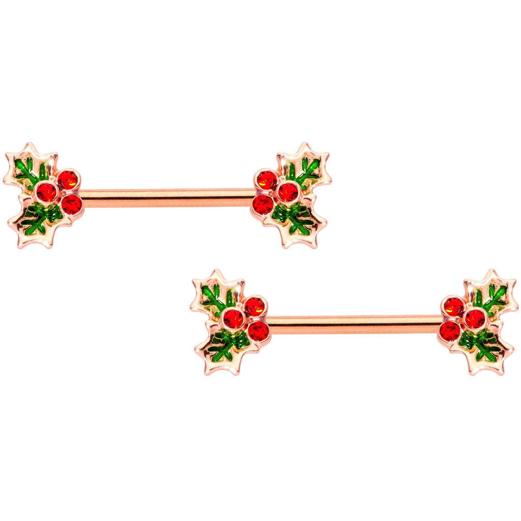 14G Red Gem Rose Gold Tone Holly Captive Barbell Nipple Ring Set