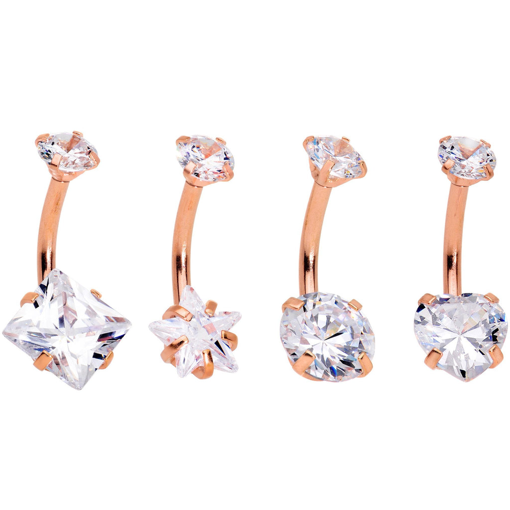 Clear Gem Rose Gold Hue Round Rhombus Heart Star Belly Ring Set of 4
