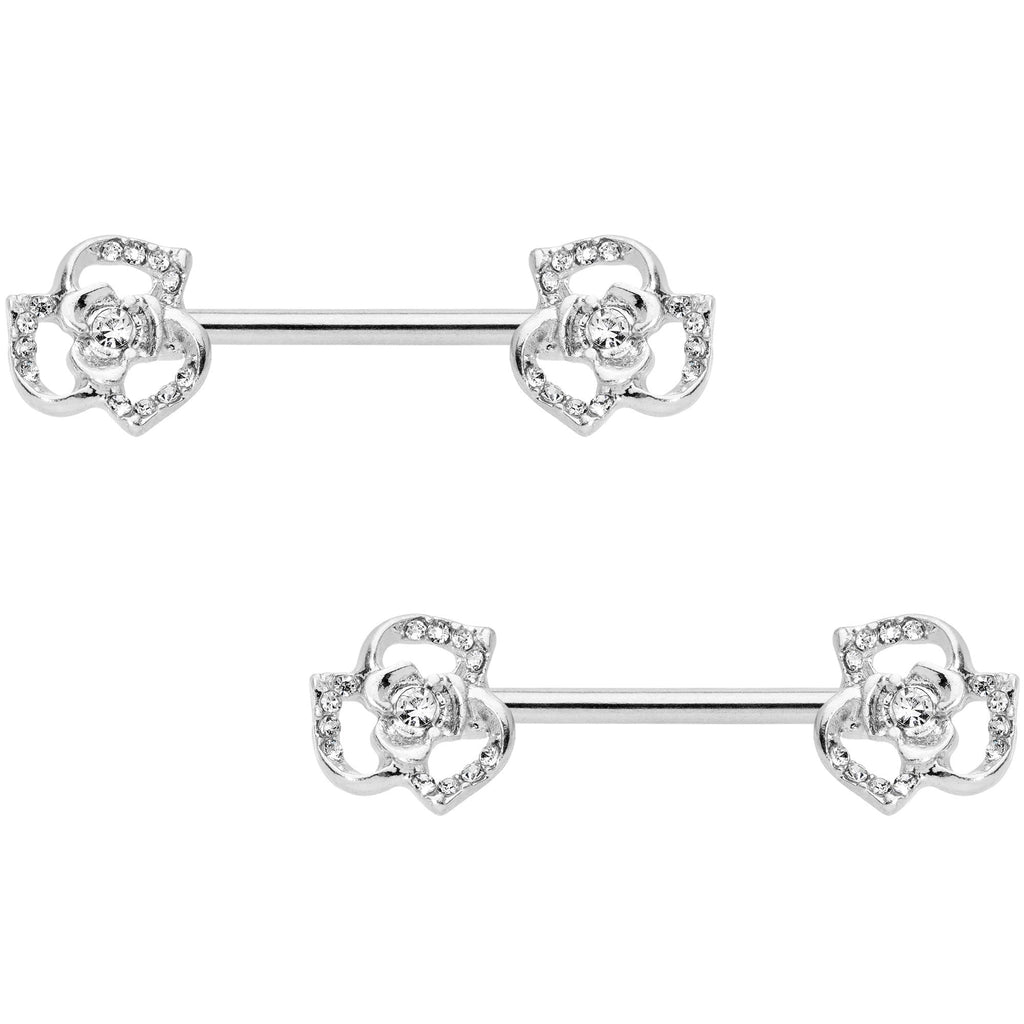 14G 9/16 Clear Gem Full Flower Barbell Nipple Ring Set