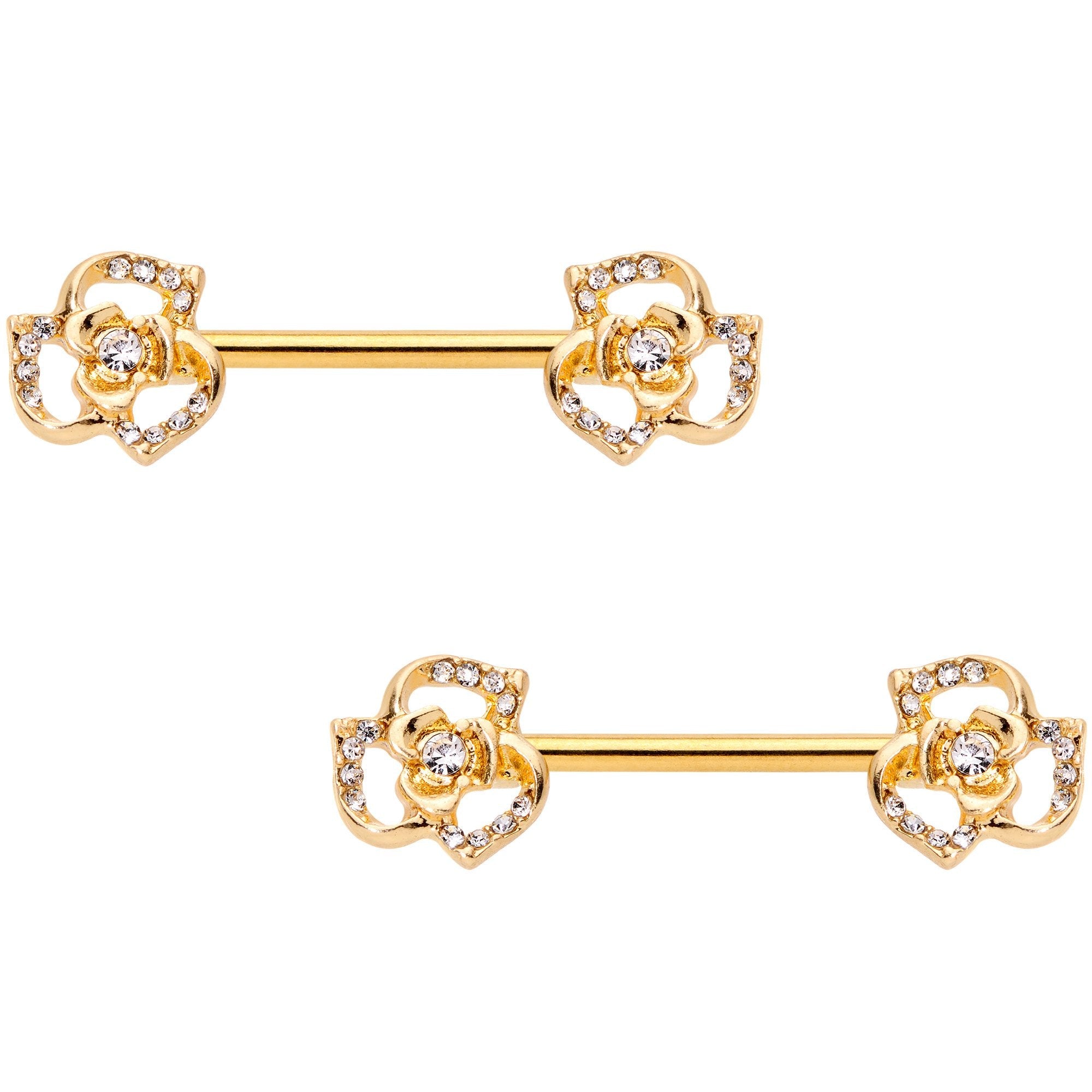 14G 9/16 Clear Gem Gold Tone Full Flower Barbell Nipple Ring Set