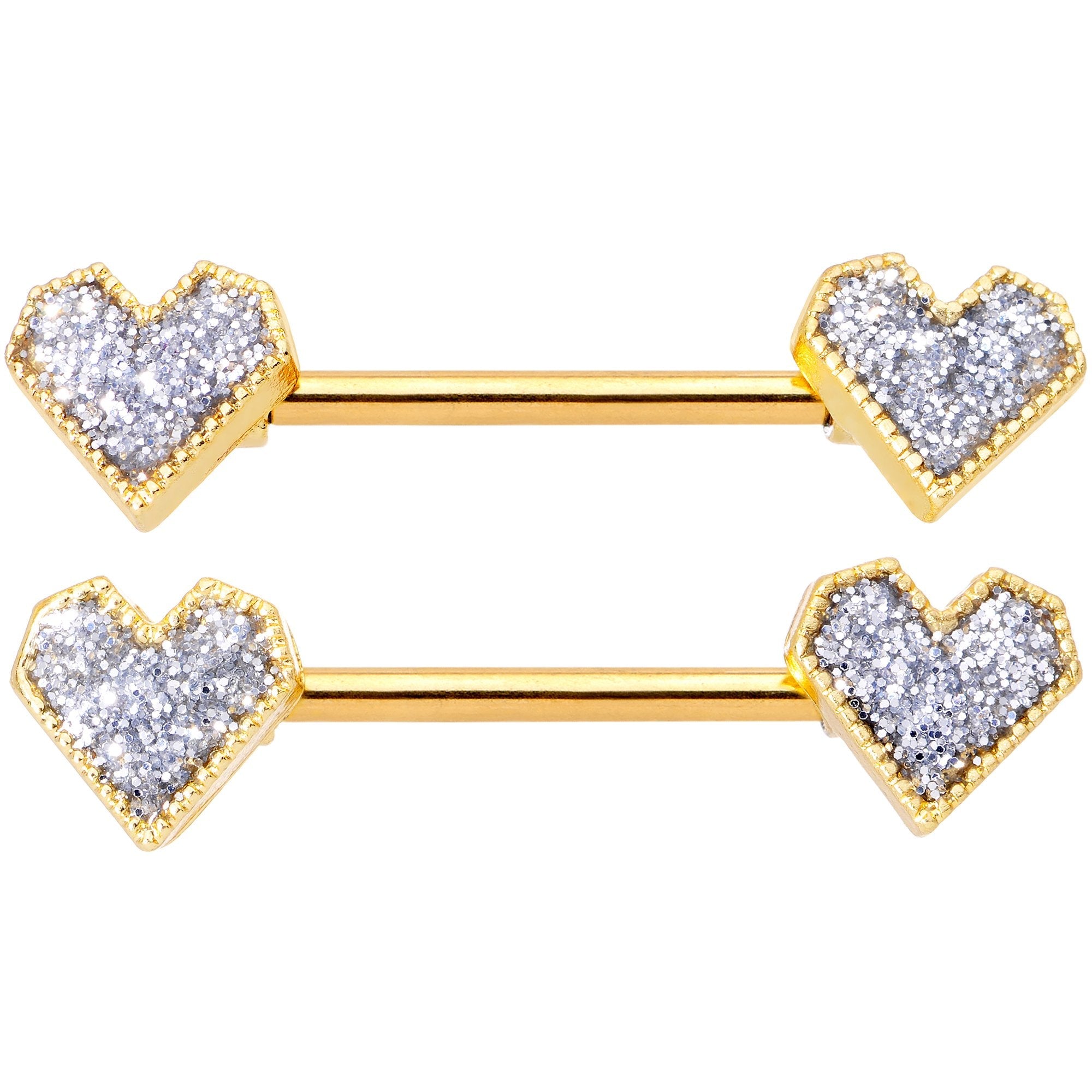 14G 9/16 Gold Tone Valentine Heart Barbell Nipple Ring Set