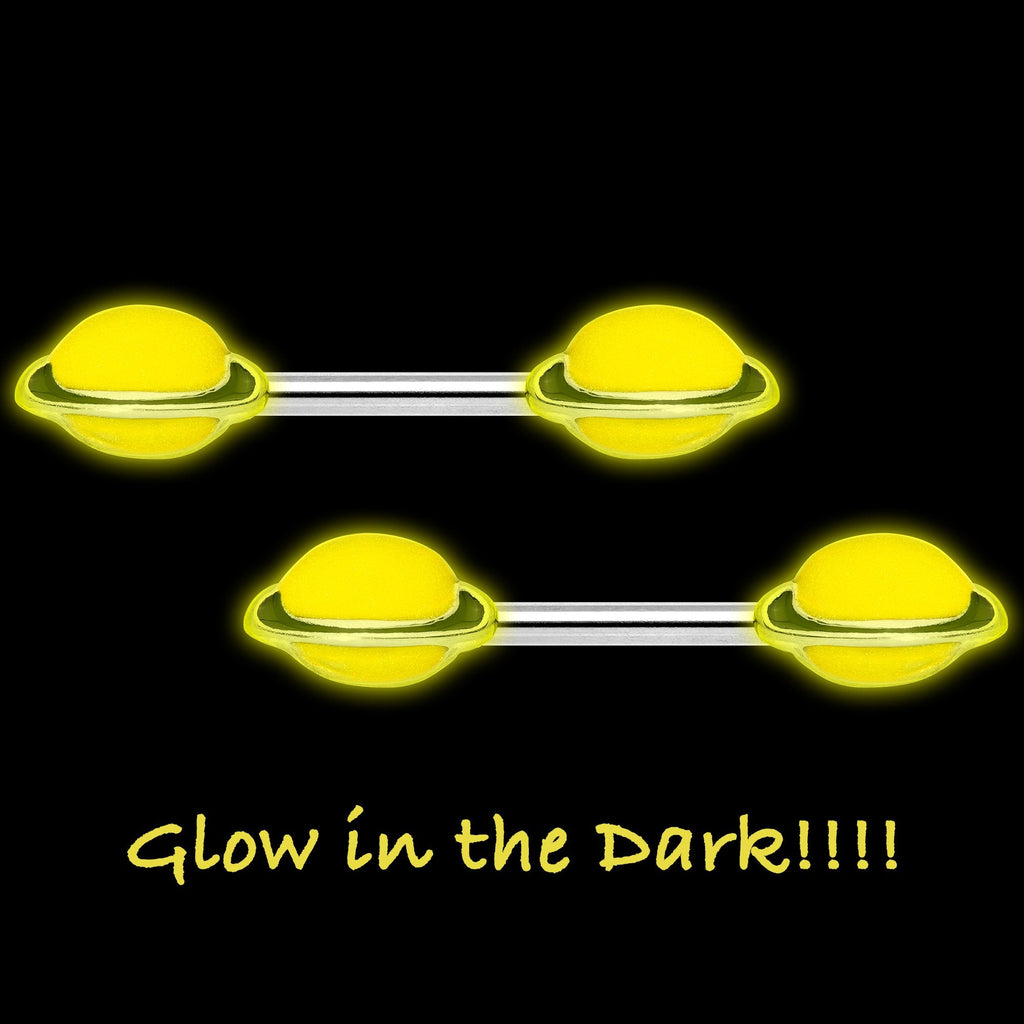 14G 9/16 Yellow Glow in the Dark Saturn Barbell Nipple Ring Set