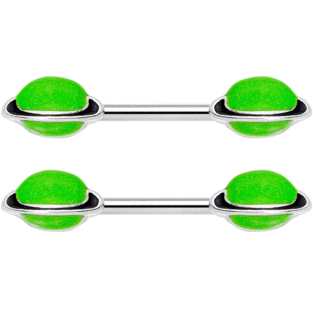 14G 9/16 Green Glow in the Dark Saturn Barbell Nipple Ring Set