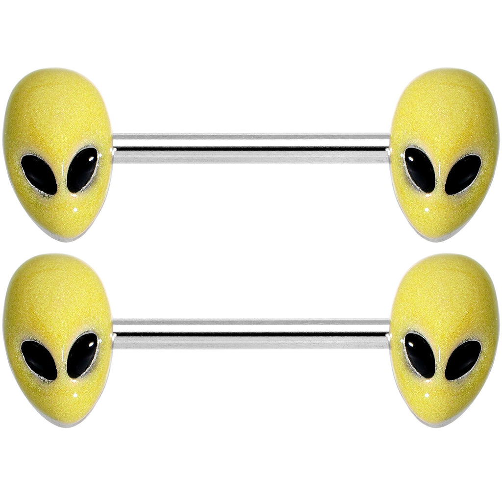 14G 9/16 Yellow Glow in the Dark Aliens Barbell Nipple Ring Set