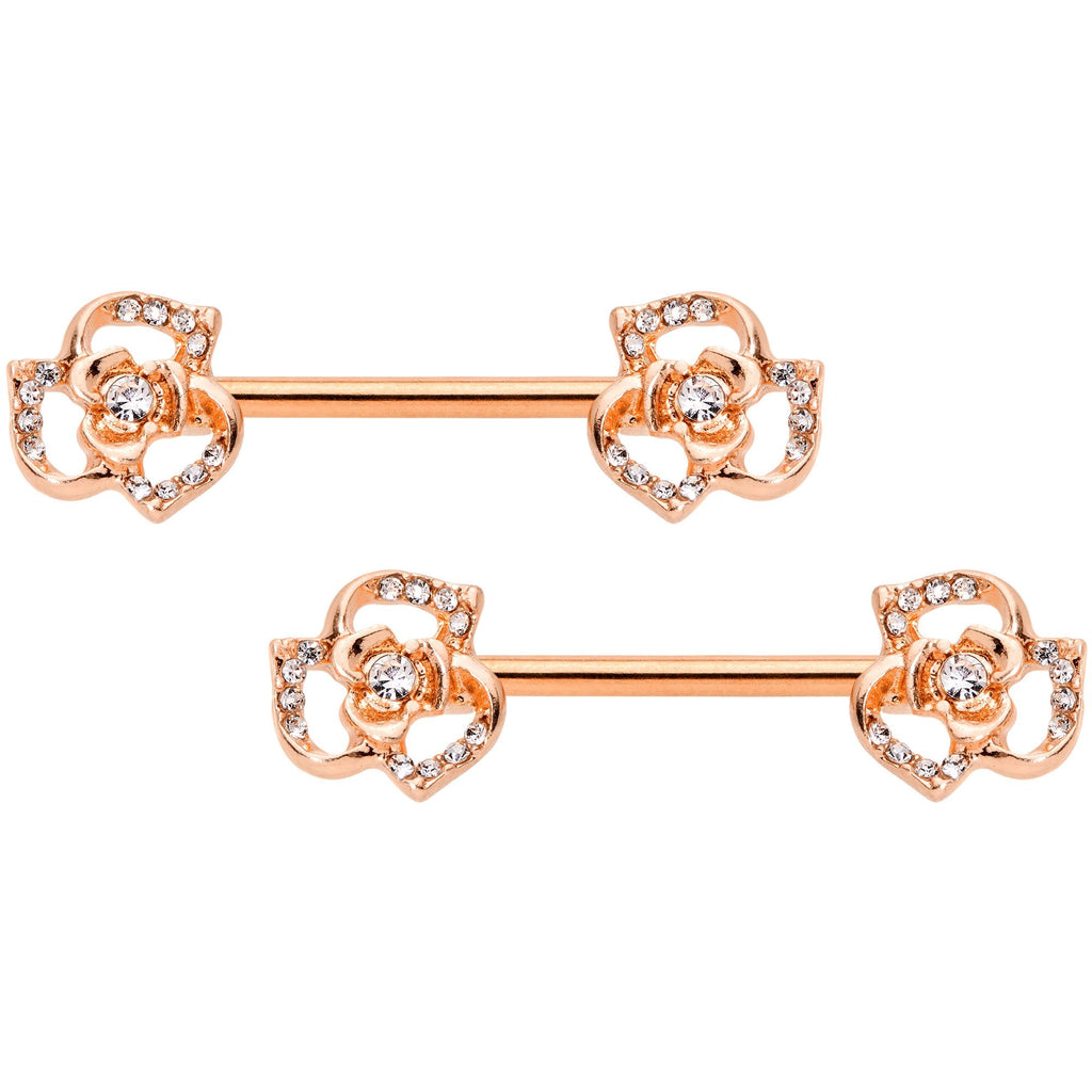 14G 9/16 Clear Gem Rose Gold Tone Flower Barbell Nipple Ring Set