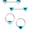 9/16 1/2 Aqua Heart Gem BCR Barbell Nipple Ring Set