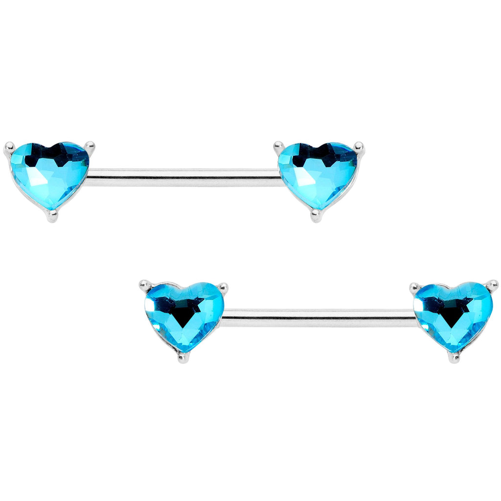 9/16 1/2 Aqua Heart Gem BCR Barbell Nipple Ring Set