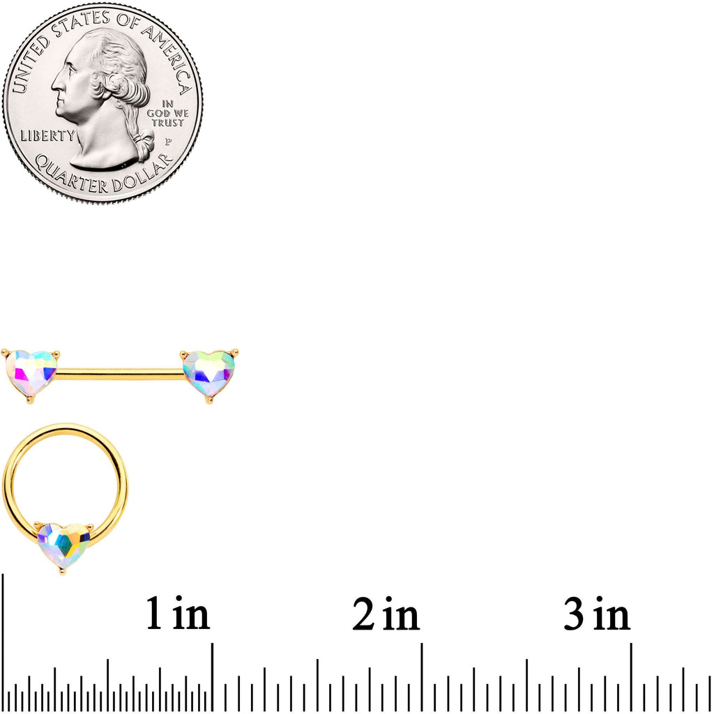 14G Aurora Heart Gem Gold Tone BCR Barbell Nipple Ring Set