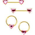 14G Pink Heart Gem Gold Tone BCR Nipple Ring Set