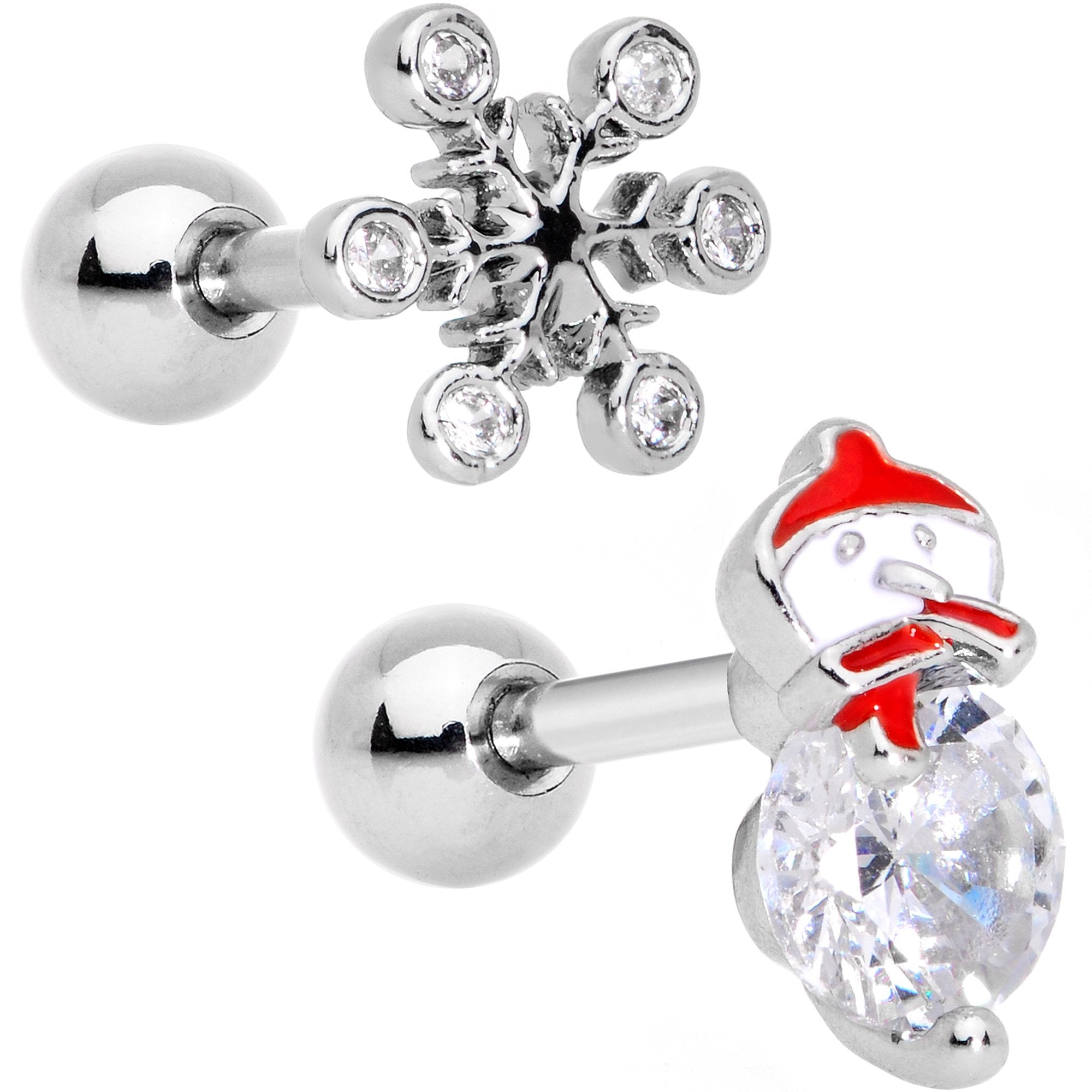 Clear Gem Winter Fun Snowflake Snowman Cartilage Tragus Set of 2