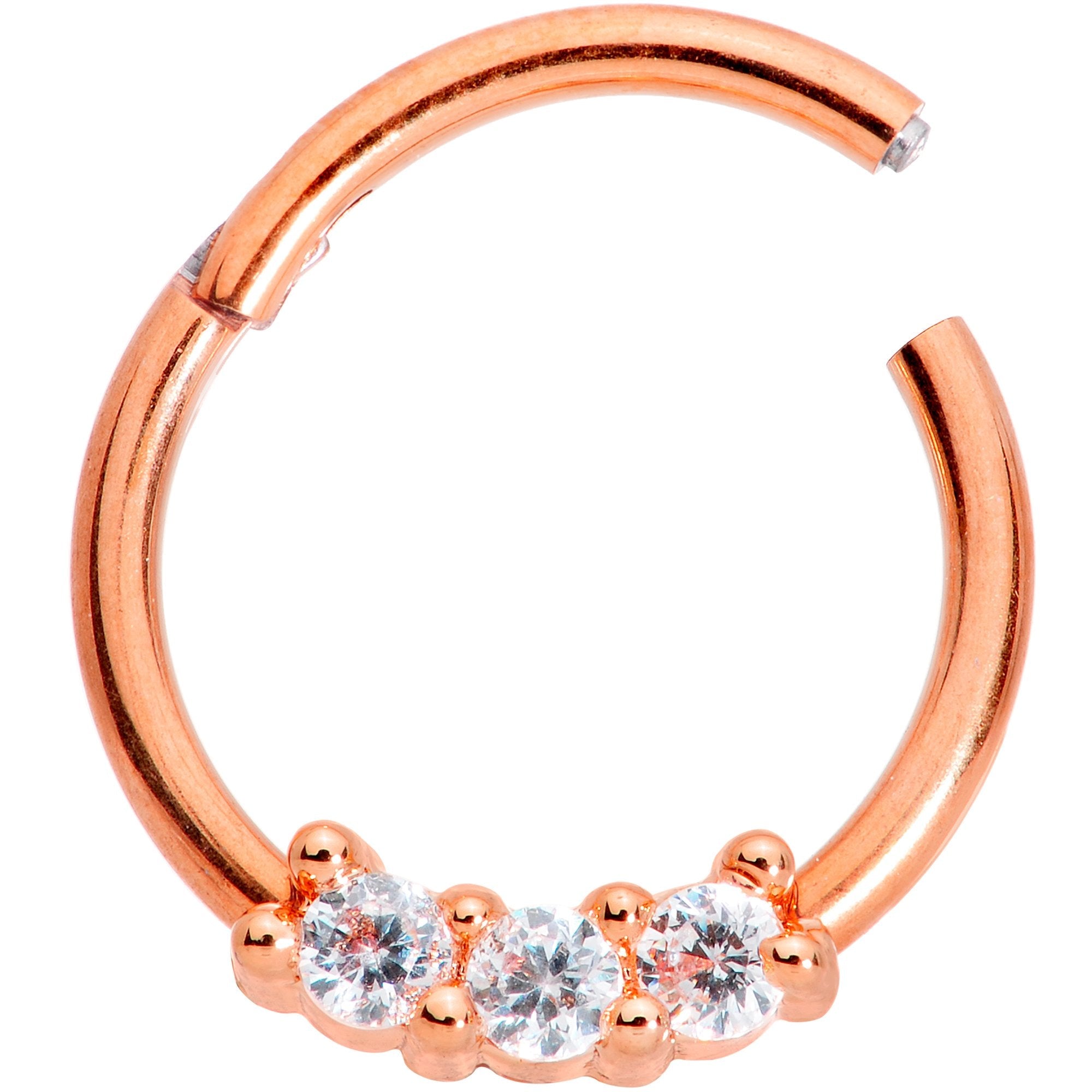 16G 3/8 Clear CZ Gem Rose Gold Tone Trio Hinged Segment Ring