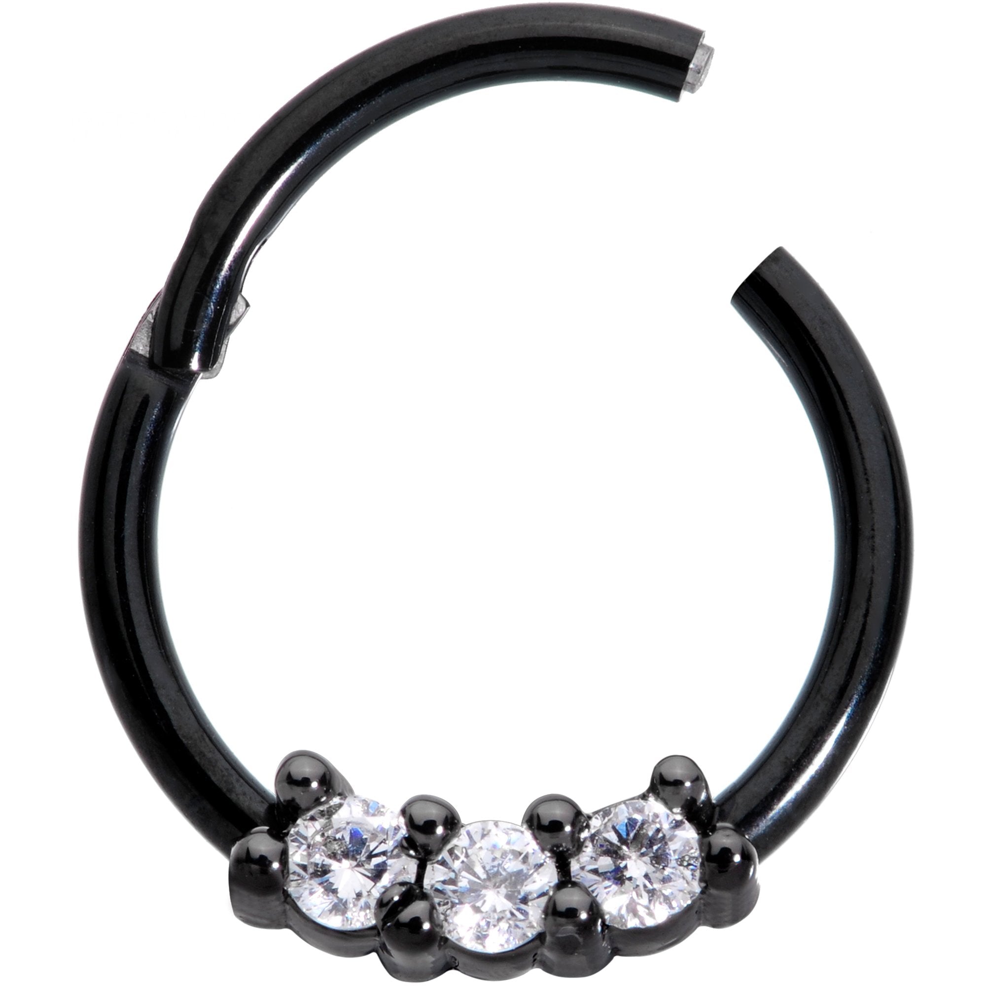 16G 3/8 Clear CZ Gem Black Trio Hinged Segment Ring