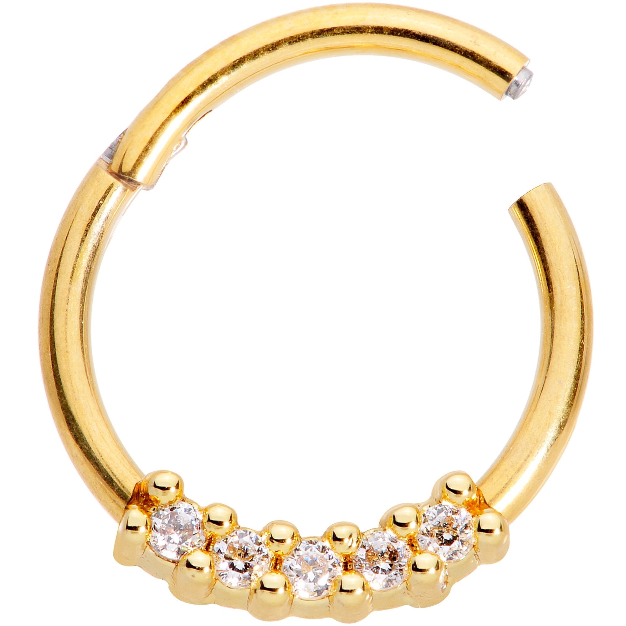 16G 3/8 Clear CZ Gem Gold Tone Quartet Hinged Segment Ring