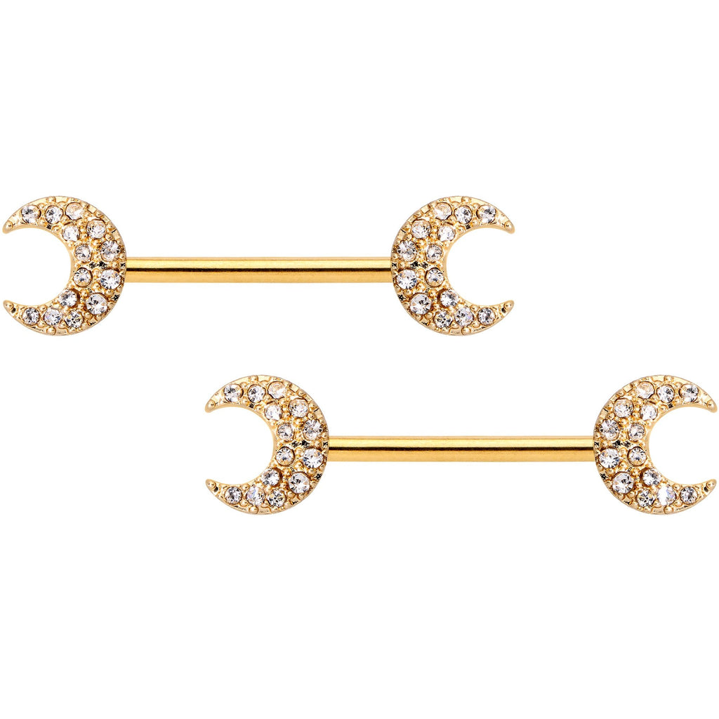 14G 9/16 Clear Gem Gold Tone Crescent Moon Barbell Nipple Ring Set