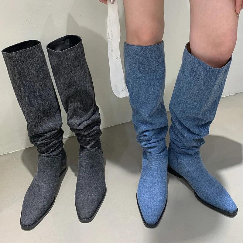 Women’s Denim Knee High Boots - Casual Cowboy Style