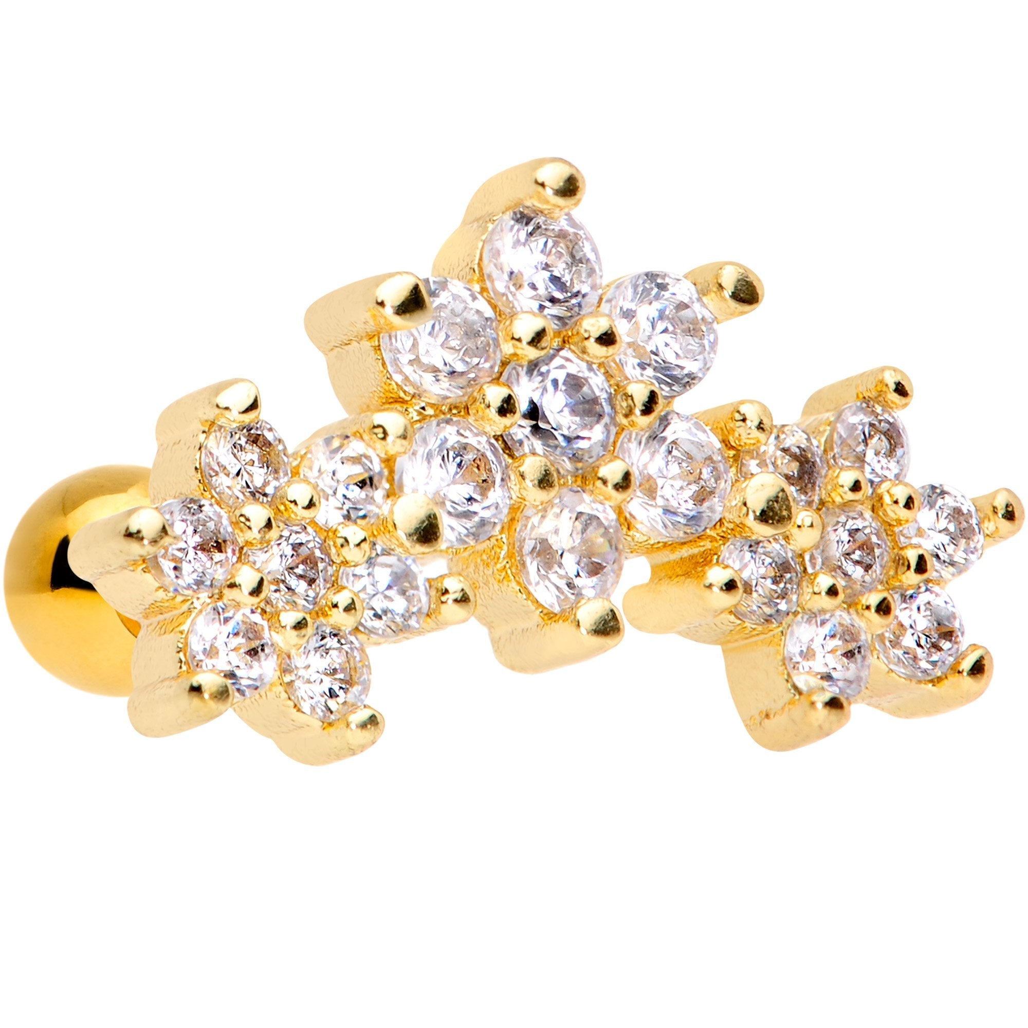 16G 5/16 Clear CZ Gold Tone Flowers Cartilage Tragus Earring