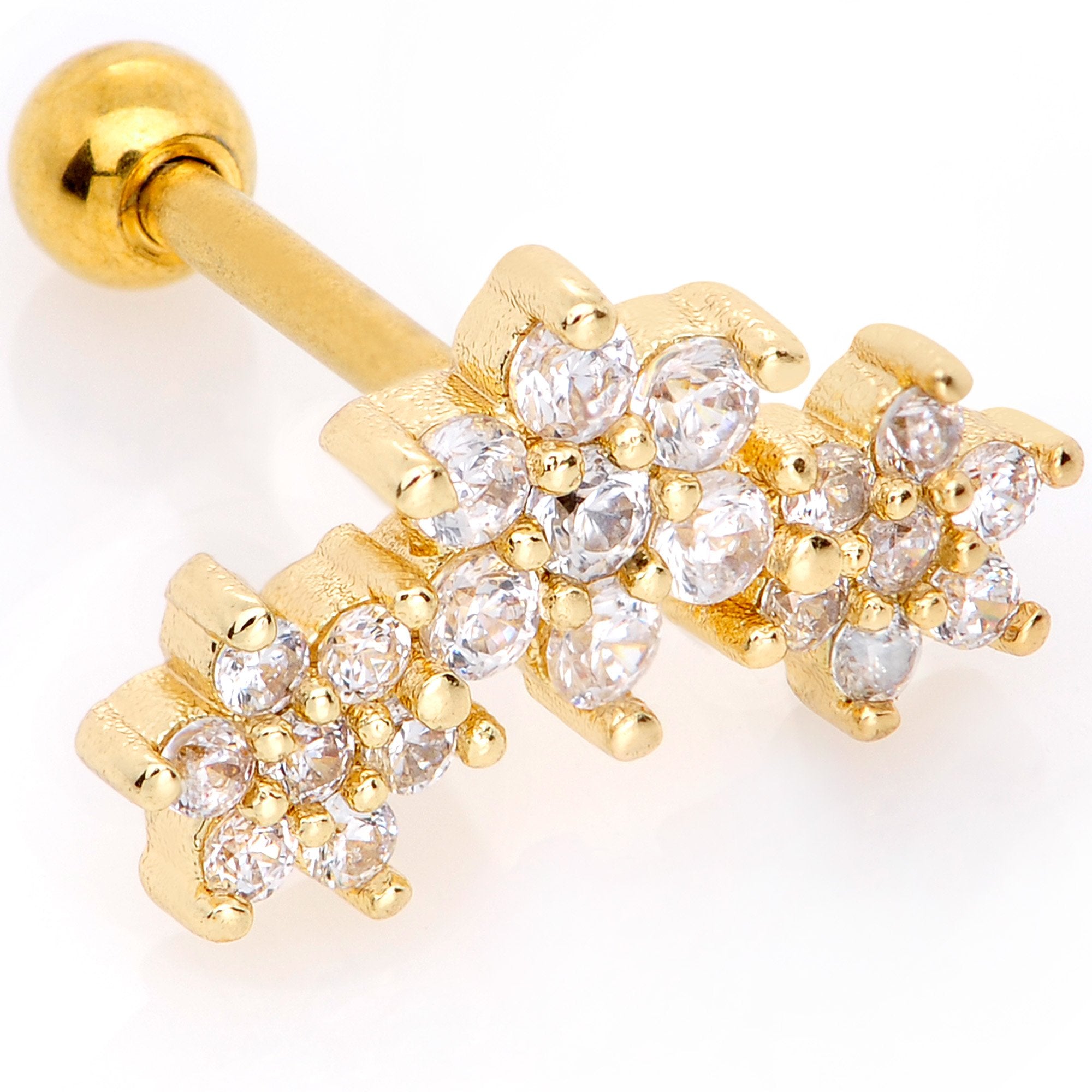 16G 5/16 Clear CZ Gold Tone Flowers Cartilage Tragus Earring