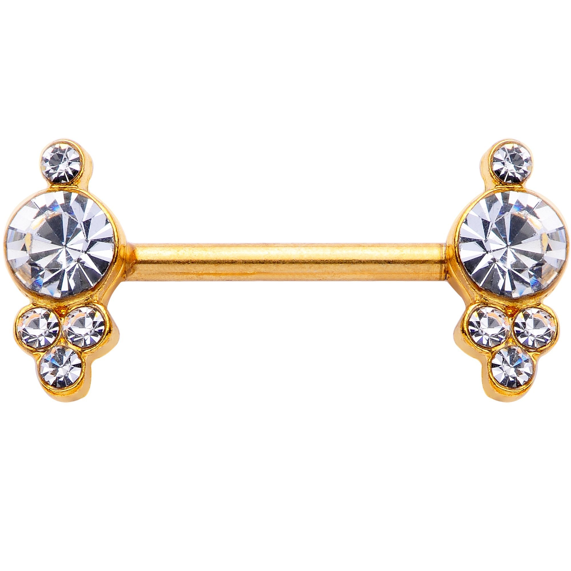 14G 9/16 Clear Gem Gold Tone Circles Barbell Nipple Ring Set