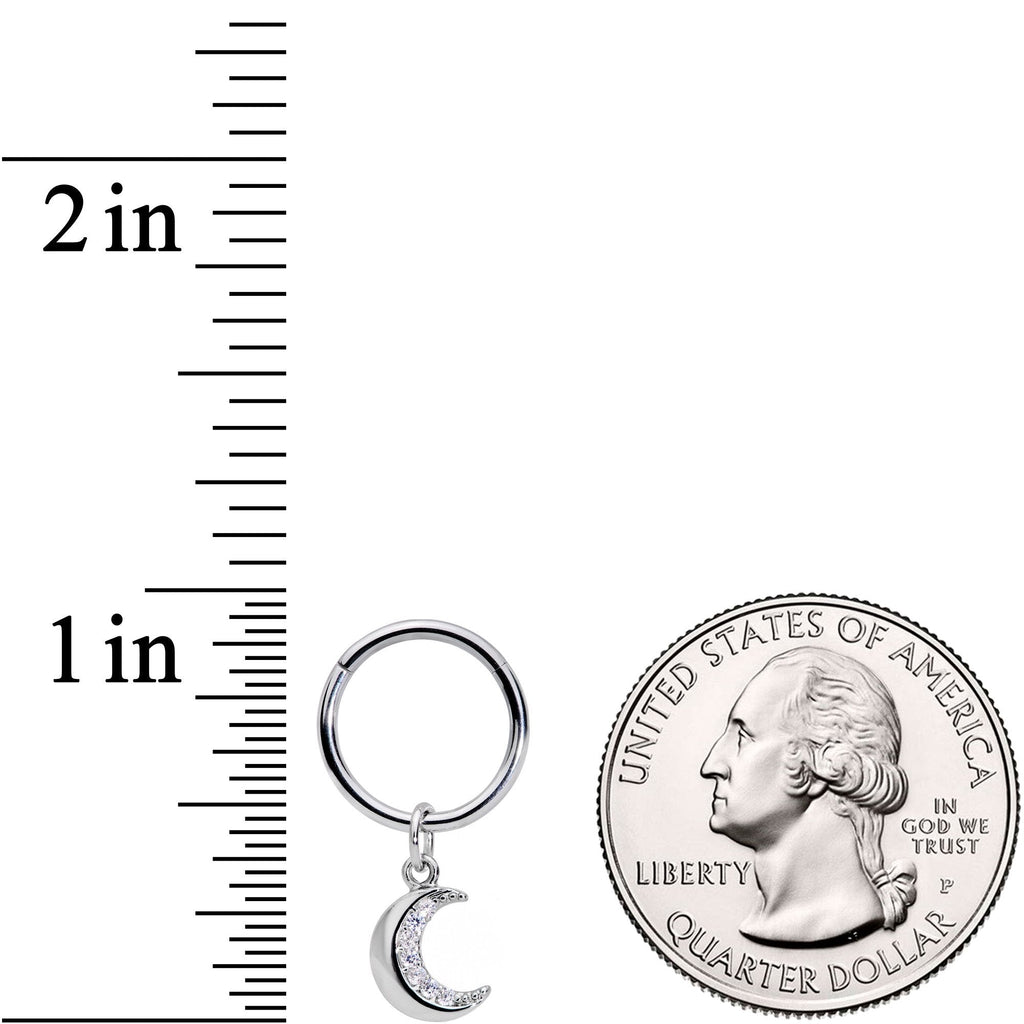 16G 3/8 Clear CZ Gem Crescent Moon Dangle Hinged Segment Ring