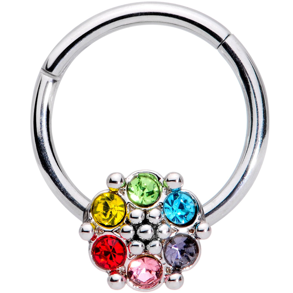 16G 3/8 Multicolor Gem Rainbow Flower Hinged Segment Ring