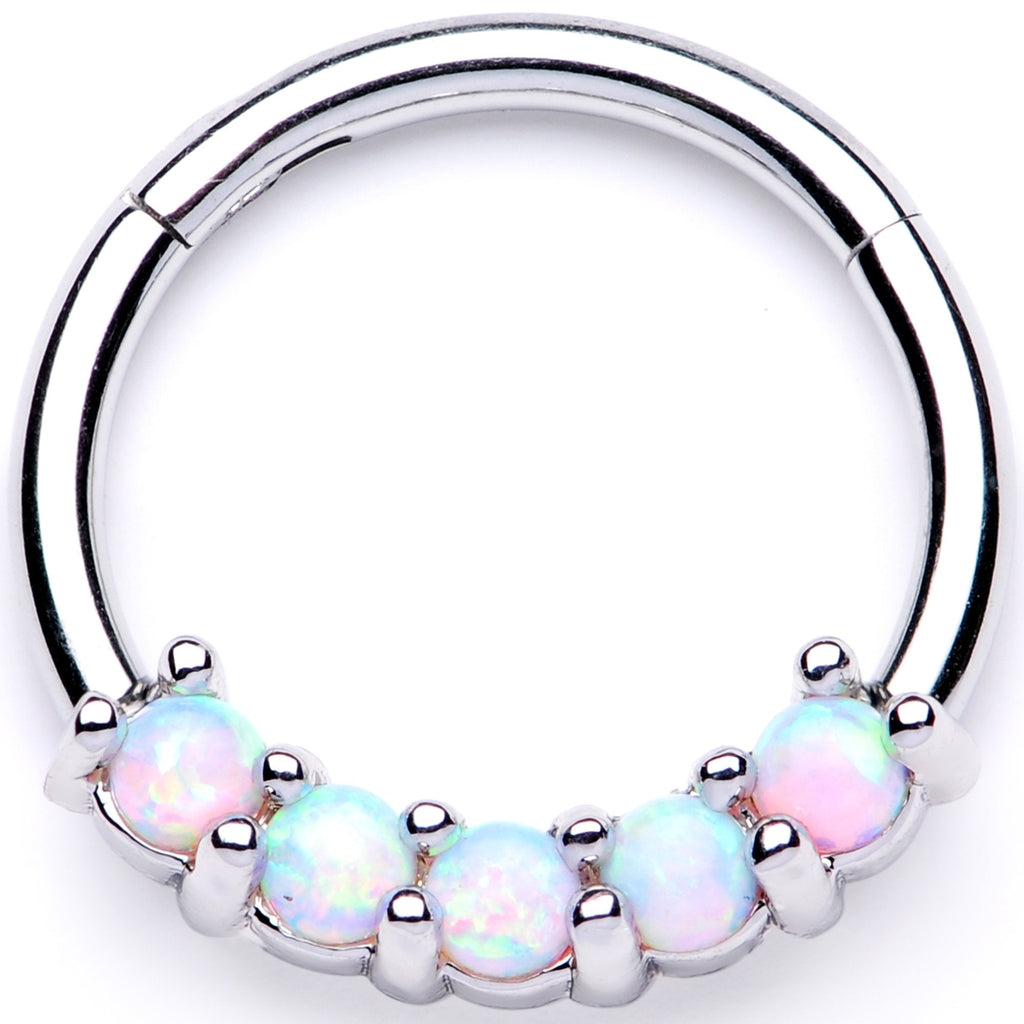 16G 3/8 White Synthetic Opal Crest Hinged Segment Ring