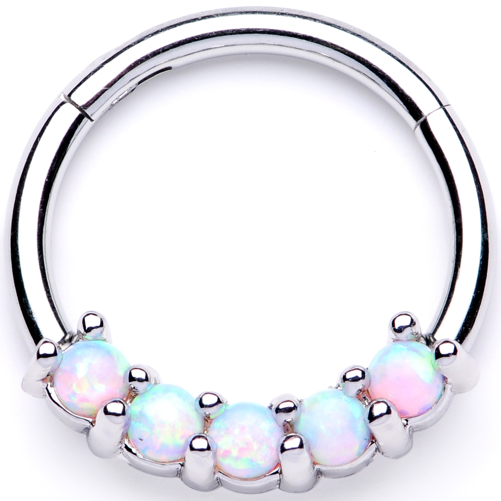 16G 3/8 White Synthetic Opal Crest Hinged Segment Ring