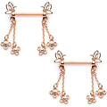 9/16 Clear Gem Rose Gold Tone Butterfly Dangle Barbell Nipple Ring Set