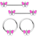 14G Pink White Inlay Butterfly BCR Barbell Nipple Ring Set of 4