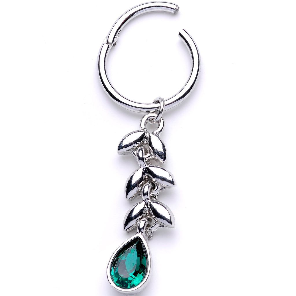 16G 3/8 Green Gem Garland of Leaves Dangle Hinged Segment Ring