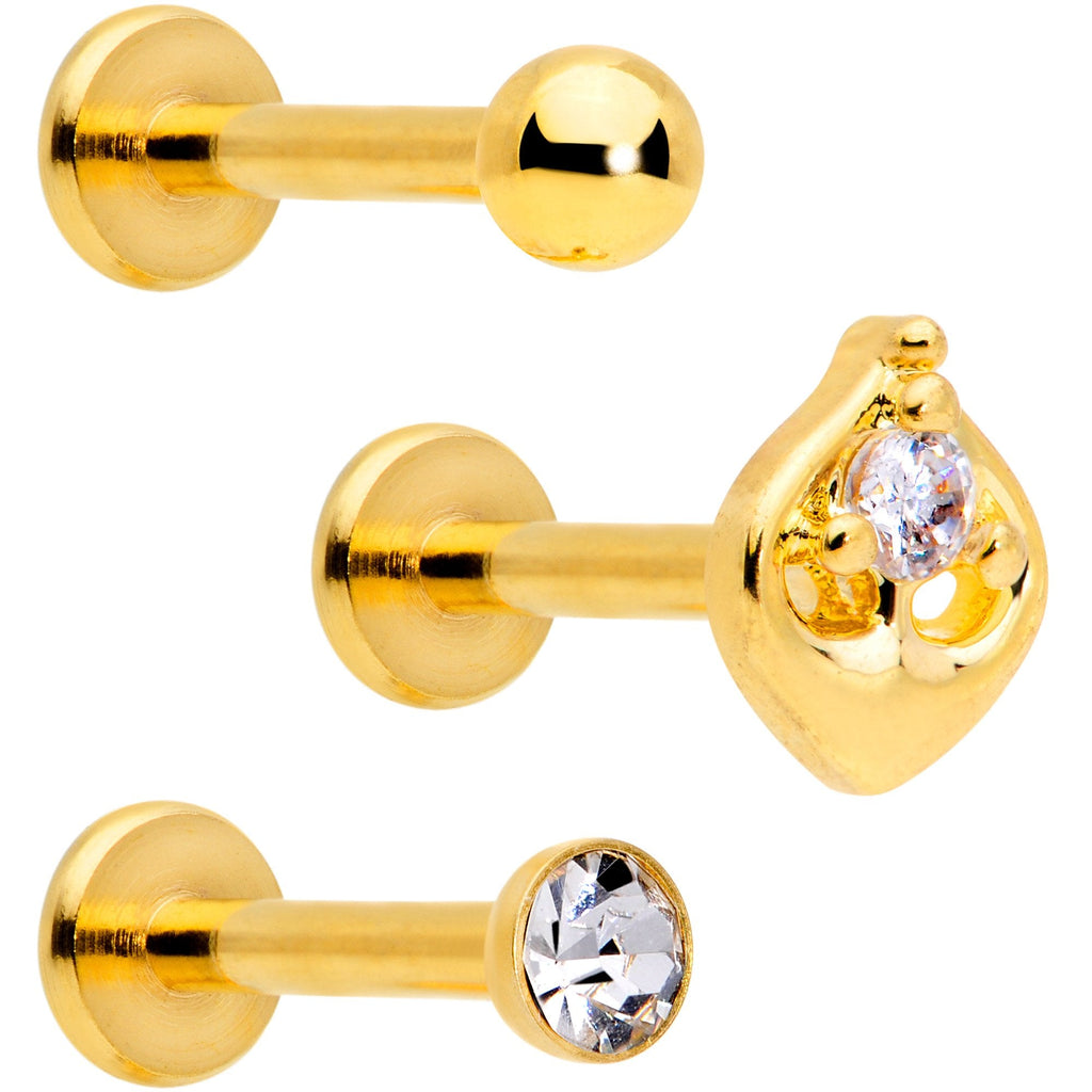 16G 5/16 Clear Gem Gold Tone Internally Threaded Labret Set