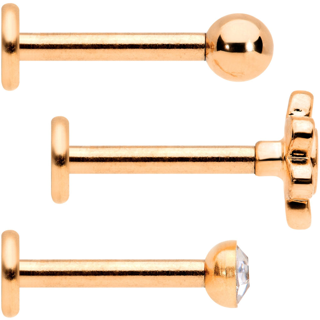 16G Clear Gem Rose Gold Tone Internally Threaded Rose Labret Set