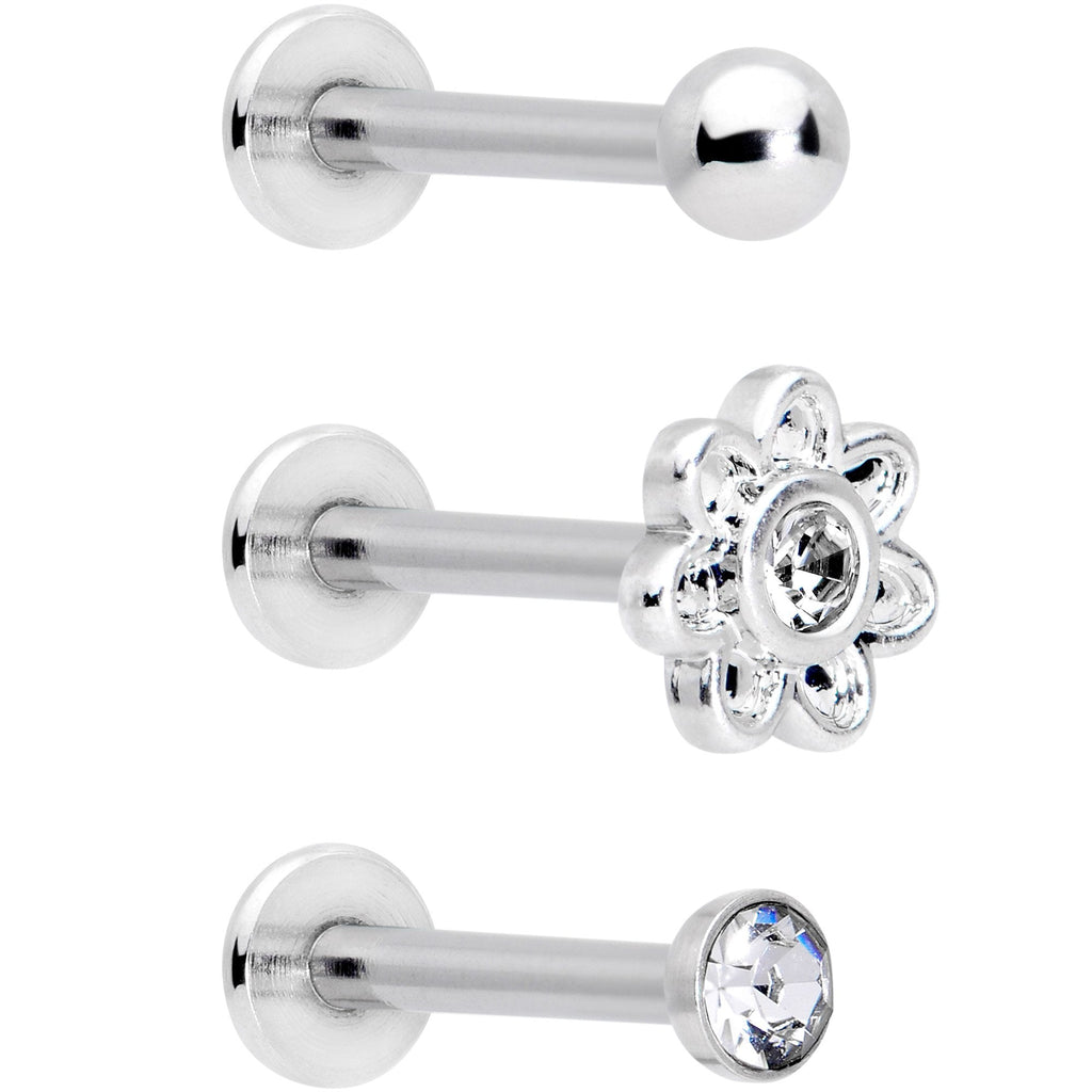 16G 5/16 Clear Gem Flower Top Labret Tragus Set of Three
