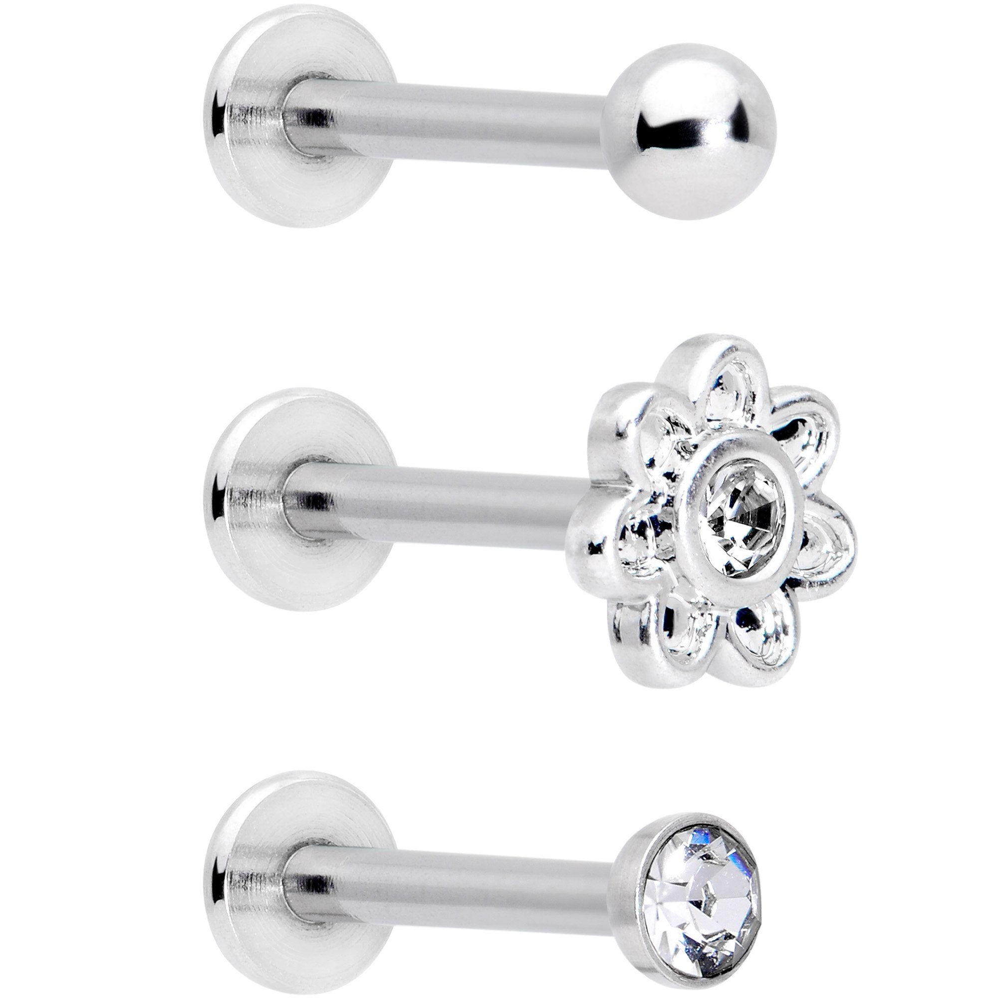 16G 5/16 Clear Gem Flower Top Labret Tragus Set of Three