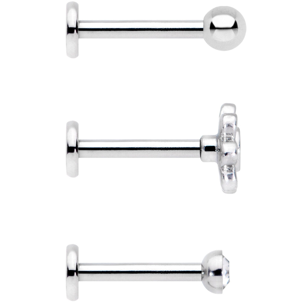 16G 5/16 Clear Gem Flower Top Labret Tragus Set of Three