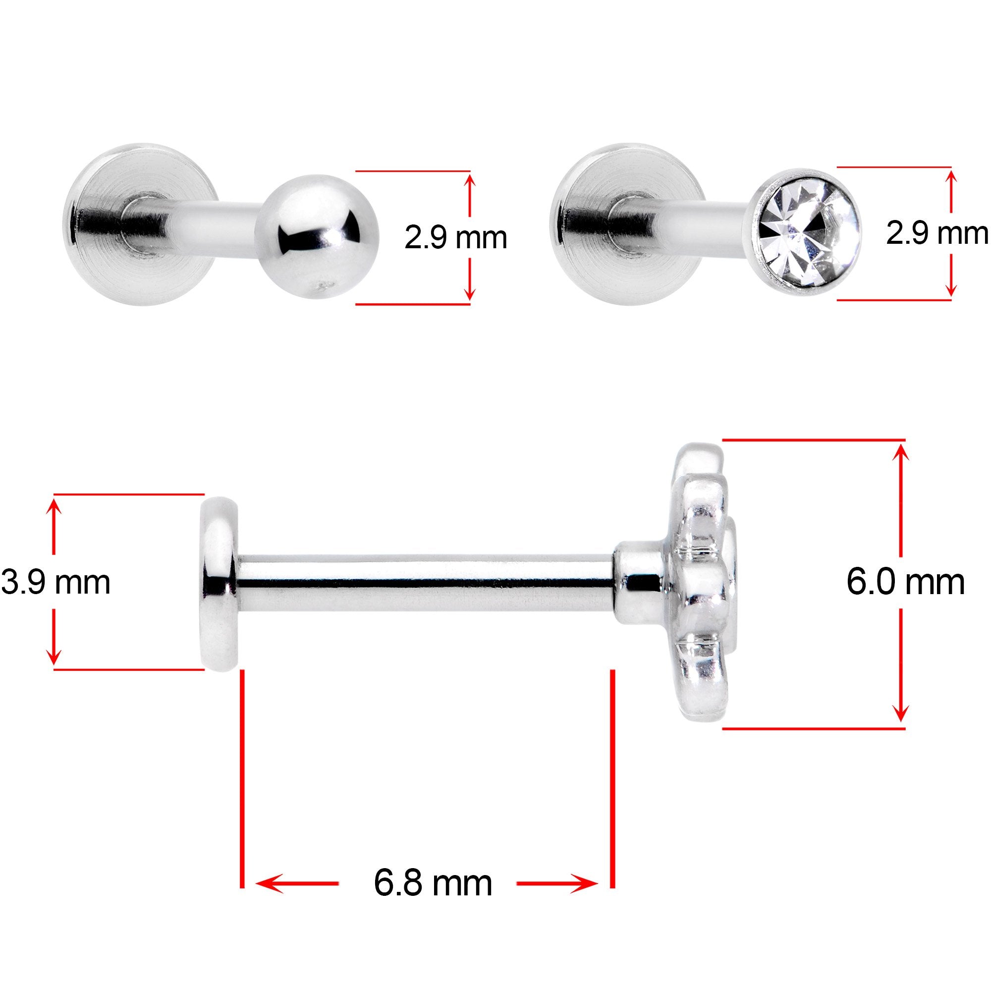 16G 5/16 Clear Gem Flower Top Labret Tragus Set of Three