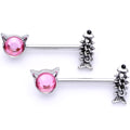 14G 9/16 Pink Black Gem Hungry Kitty Cat Barbell Nipple Ring Set