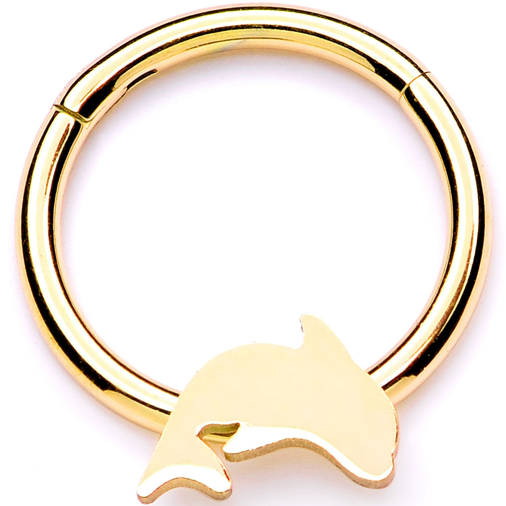 16G 3/8 Gold Tone Leaping Dolphin Hinged Segment Ring