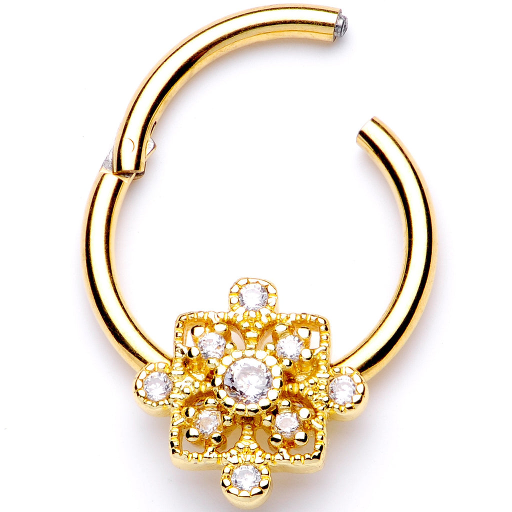 16G 3/8 Clear CZ Gold Tone Royal Square Hinged Segment Ring