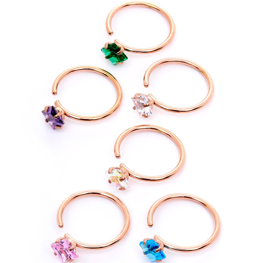 20G 5/16 Pastel Gem Rose Gold Tone Nose Hoop Set of 6