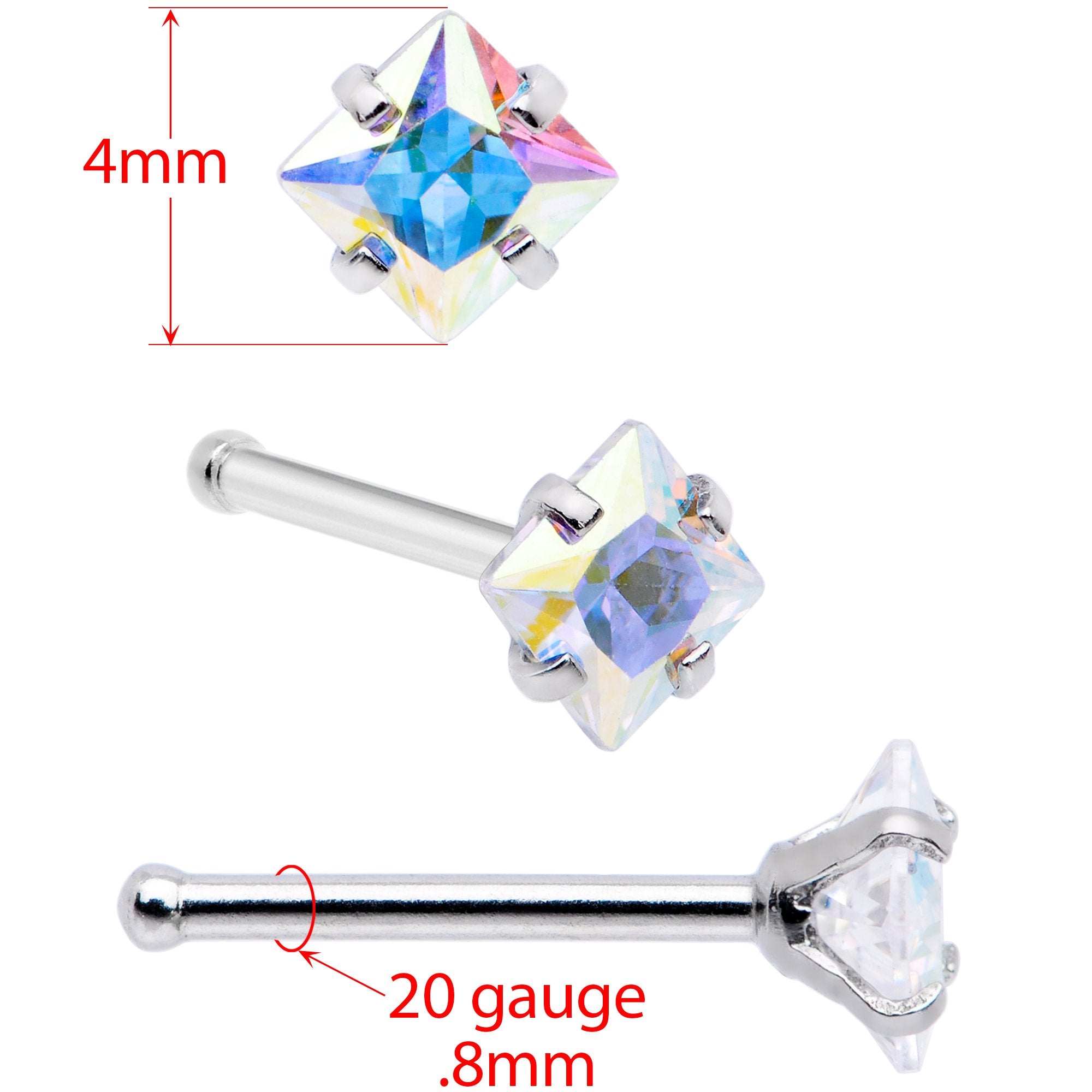 20G 1/4 Aurora Gem Square Multi Size Nose Bone Set of 6