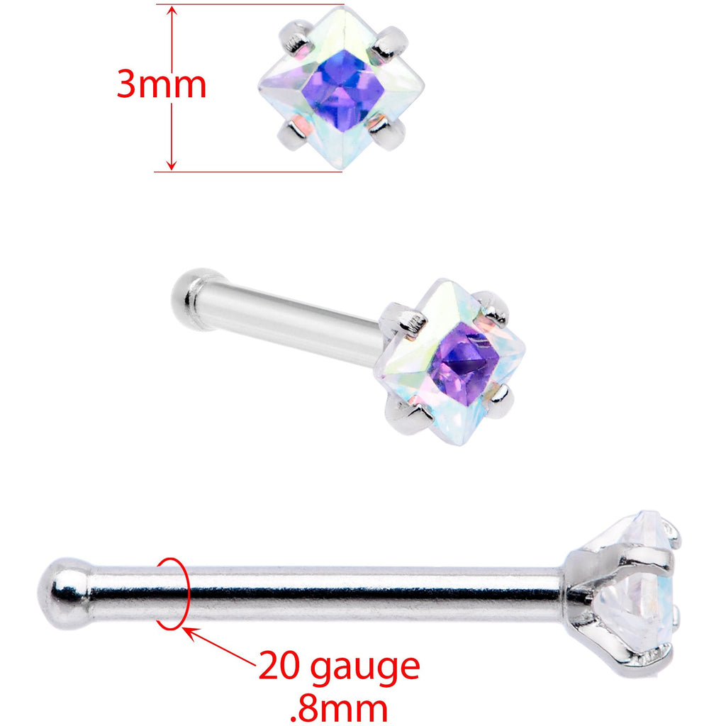 20G 1/4 Aurora Gem Square Multi Size Nose Bone Set of 6